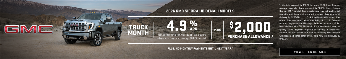 TRUCK MONTH 

4.9% APR FOR 48 MONTHS for well-qualified buyers when you finance through GM Financ...